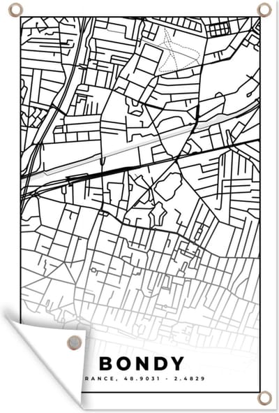 Muurdecoratie Kaart - Bondy - Stadskaart - Frankrijk - Plattegrond - Zwart wit - 120x180 cm - Tuinposter - Tuindoek
