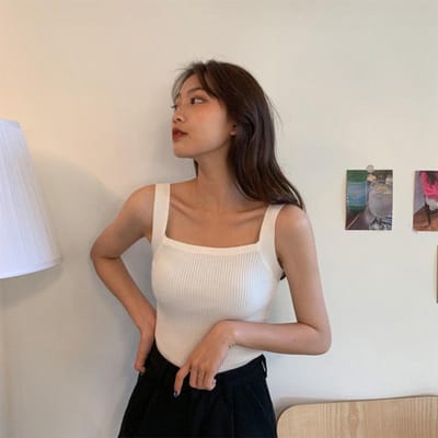 Débardeur en soie glacée unie polyvalent tricoté pour femme, vêtement d'extérieur style coréen, haut court ajusté pour mettre en valeur la silhouette S blanc