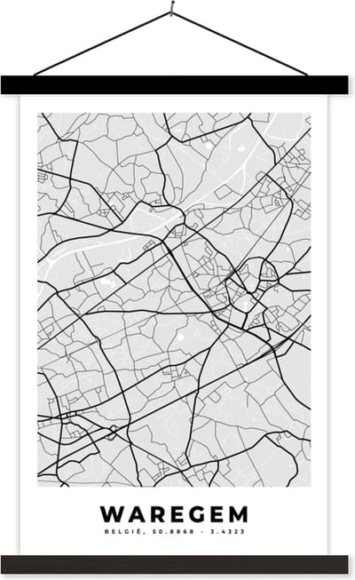 Posterhanger incl. Poster 40x60 cm - Schoolplaat - België – Waregem – Stadskaart – Kaart – Zwart Wit – Plattegrond - Textielposter - Zwarte latten - Stadskaart