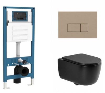QeramiQ Dely Swirl Toiletset - inbouwreservoir Qeramiq Flush - slim zitting - kunststof taupe bedieningsplaat - rechthoekige knoppen - mat zwart