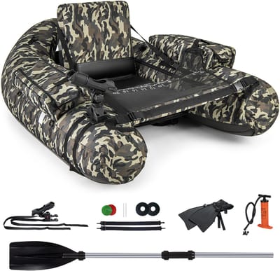 COSTWAY Opblaasbare rubberboot, visboot met visliniaal, hengelhouder, zijzakken, vinnen, peddel, pomp, rugleuning en riemen, Belly-Boat 150 kg belastbaar, vissersboot 146 x 109 x 44 cm