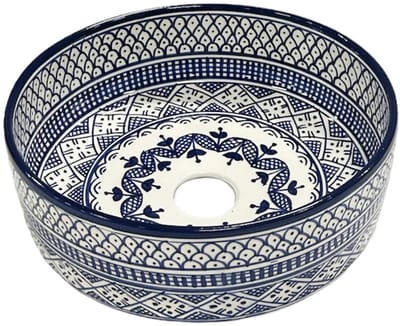 Marokkaanse Waskom - Handgemaakte Keramische Opbouw Wastafel - Oosterse Fontein & Wasbak Badkamer - Handbeschilderde Waskom Fes - Ø35 x 12 cm - Blauw