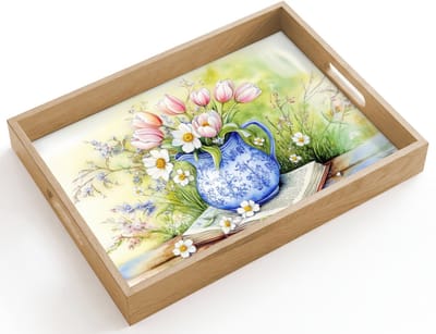 Dienblad hout 40x30 cm - Schootdienblad - Vaas - Delftsblauw - Madeliefjes - Borrelplank rechthoek - Plateau dienbladen