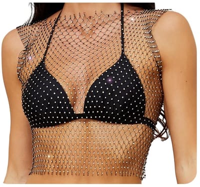 Shiny Rhinestone Mesh Body Chain Top for Women Shiny Festival Club Short Bikini Top M Fabric, Fabric
