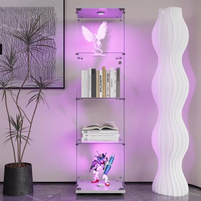 Vitrinekast met LED-verlichting, 161,4 cm glazen vitrinekast, 4 lagen met 1 deur en slot, moderne glazen verzamelkast, staande glazen opbergkast voor woonkamer, slaapkamer, kantoor, wit