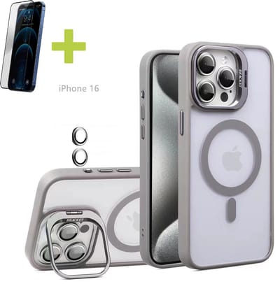 Standaards Hoesje voor iPhone 16, Compatibel met MagSafe Hoes, Acryl + TPU Case met Metaal Camerafolie, Transparant, Grijs - Screenprotector