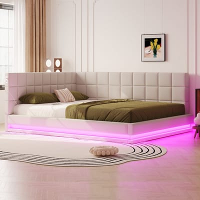 Slaapbank 160x200 - Lattenbodem 12 latten - Beige linnen stof - Kleurrijke LED-verlichting smartphone-bedienbaar - USB-poort - Opberglades beide zijden - 250 kg laadvermogen - Volledige montagekit inbegrepen