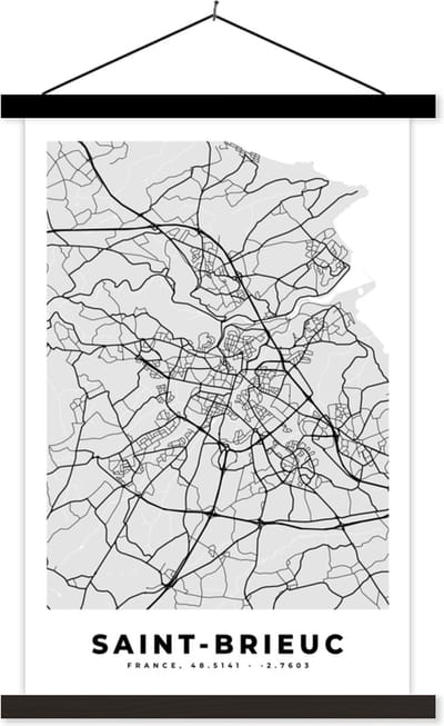 Posterhanger incl. Poster 40x60 cm - Schoolplaat - Plattegrond - Kaart - Stadskaart - Frankrijk - Saint-Brieuc - Textielposter - Zwarte latten - Stadskaart
