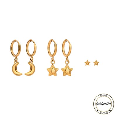 Borasi 3-Delig Oorringen Set | Goldplated | Dames Oorbellen | Luxe Geschenkzakje | Maan | Ster | Geschenk