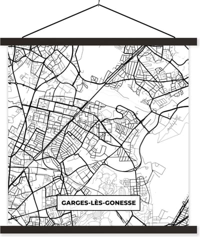 Posterhanger incl. Poster 60x60 cm - Schoolplaat - Stadskaart - Plattegrond - Garges-lès-Gonesse - Kaart - Frankrijk - Zwart wit - Textielposter - Zwarte latten - Stadskaart