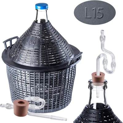 KADAX Glazen ballonnenset, 15 liter, fermentatieballon met kunststof mand en fermentatie-accessoires, rubberen stop, fermentatiebuisje, smalle opening, wijnballon, fles, glazen fles (kunststof