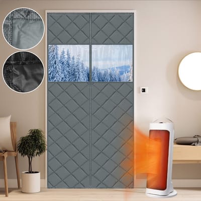 MUPOO Magneet warmtewerend gordijn voor deuren, 90×210cm, dik dubbellaags, thermisch gordijn & thermisch deurgordijn, isolerend gordijn tegen kou en hitte, winddicht, grijs