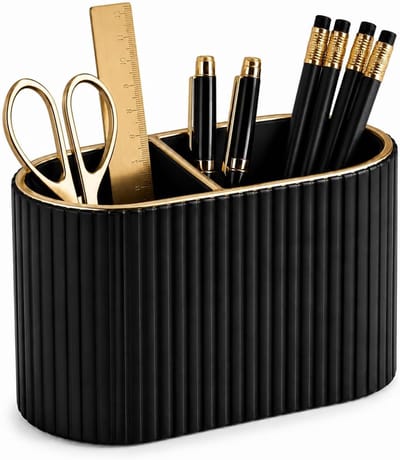 SnelShoppen - KINGFOM Pennenorganizer, ovale pennenhouder met 2 vakken, bureau-organizer van PU-leer, pennenbox voor kantoor en thuis, zwarte pennenko