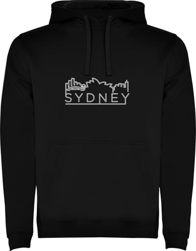 Zwarte unisex hoodie met “ Skyline Sydney – Vakantiegevoel – Strak – Modern “ Print Full Color Color merk Roly maat S