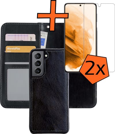 Hoes - 2 in 1 - Geschikt voor Samsung Galaxy S21 - Met 2x Screenprotector - En Uitneembare Hard Cover - Bookcase - Wallet Case - Met Pasjeshouder - Book Case - Uitneembaar - Pashouder - Kunstleer - Zwart