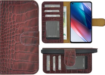 Hoesje Geschikt voor Oppo Find X3 Lite - Bookcase - Oppo Find X3 Lite Wallet Book Case Echt Leer Croco Bordeauxrood Cover