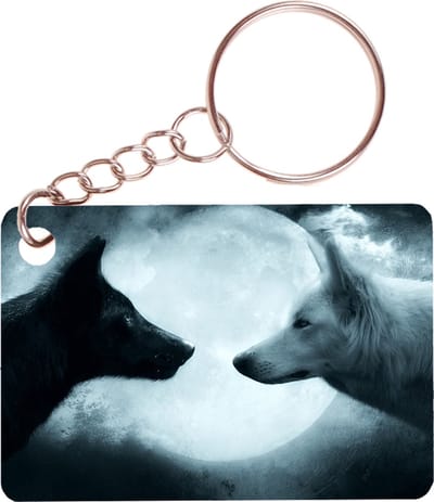 Sleutelhanger 6x4cm - Zwarte en Witte Wolf voor Maan