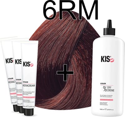 Kis KeraCream Color - 100ml - Haarverf Set - 6RM Licht rood mahonie | KIS - (3 x haarverf & 1L waterstofperoxide)