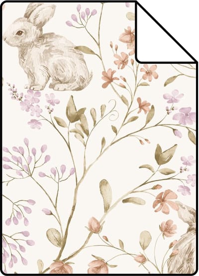 Proefstaal ESTAhome behang konijnen lichtpaars, groen en beige - 26.5 x 21 cm - 131703-S