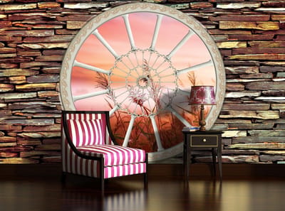 Stone Wall Flowers Field Nature Sunset Photo Wallcovering