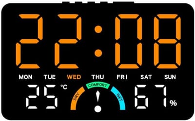 Grote LED Digitale Klok met Weergave van Tijd, Luchtvochtigheid, Temperatuur, Datum & Wekker - Ontworpen voor Wandmontage of Platliggend - Oranje - 1 Stuk