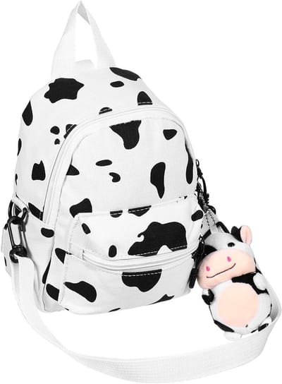 Mini Canvas Dagrugzak met Koe Print en Pluche Hanger voor Studenten en Vrouwen - Ideaal voor Outdoor, Reizen en Winkelen