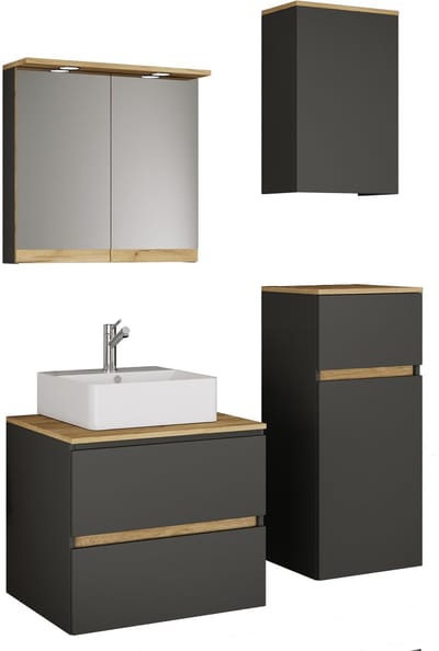 VCM 5-tlg. Waschtisch Set mit Keramikbecken, Badschrank mit 2 Softclose-Schubladen, Midischrank, Hängeschrank, Spiegelschrank mit Beleuchtung und Steckdose, Maße Unterschrank H. 51 x B. 60 x T. 47 cm, Cosila-A