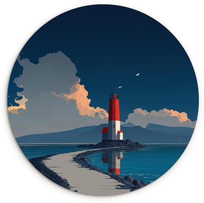WallCircle® Wandcirkel 120x120 cm - Muurcirkel Vuurtoren - Zee - Wolken - Muurdecoratie woonkamer - Wanddecoratie slaapkamer - Kamer decoratie accessoires - Ronde schilderijen XXL