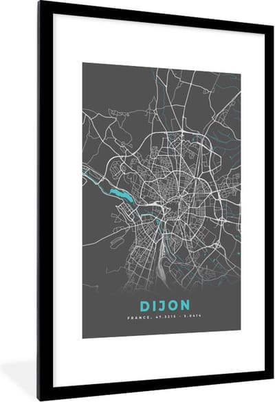 Fotolijst incl. Poster - Dijon - Frankrijk - Kaart - Stadskaart - Plattegrond - 80x120 cm - Posterlijst