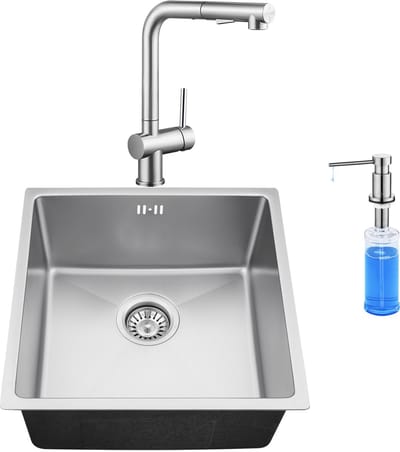 Auralum max 44x44CM Spoelbakken Keuken - Spoelbak Keuken Met Keukenkraan met Uittrekbare Uitloop en Zeepdispenser 300ML - Wasbak Keuken Met Waterafvoersysteem - Past op 45 cm kasten