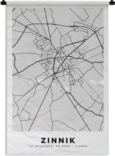 Wandkleed - Wanddoek - Stadskaart – Zwart Wit - Kaart – Zinnik – België – Plattegrond - 120x180 cm - Wandtapijt