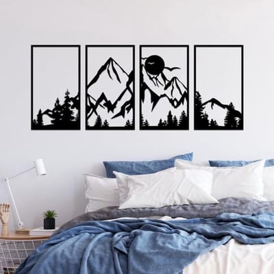 Set van 4 zwarte metalen decoratieve schilderijen met bergen en bos - Minimalistische muurkunst voor huis, slaapkamer, woonkamer - Binnen en buiten - Afmeting 40 x 28 cm