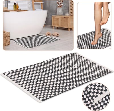 Wit met grijze gevlochten badkamermat/mat 50x80 cm - COOL Pluche Microvezel, HOOG Gramgewicht
