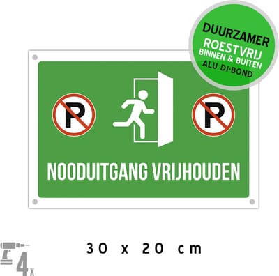 Pictogram/ bord Dibond + boorgaten | "Nooduitgang vrijhouden" + parkeerverbod | 30 x 20 cm | Brandweg | Hier niet parkeren | Brandweer | Noodsituatie | Noodgeval | Parkeerverbod | Bij brand | Groen | 1 stuk