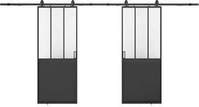 Vente-unique Dubbele schuifdeur in atelierstijl met wandbevestiging - Zwart MDF en gehard glas - 2 x H205 x L73 cm - ARTISTO II