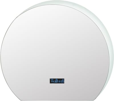 COSTWAY Halfronde led-badkamerspiegel, dimbare make-upspiegel met 3-kleurige ledverlichting, geheugenfunctie, tijd- en temperatuurweergave, decoratieve wandspiegel voor badkamer, hal, woonkamer