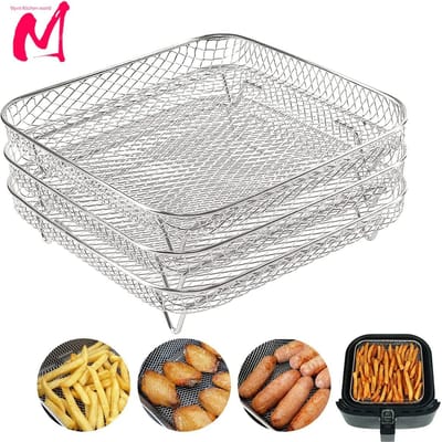 3-laags Airfryer Reken Roestvrij Staal Vierkant Airfryer Mand Dienblad Stapelbare Dehydrator Rekken Airfryer Accessoires Geschikt voor Keuken white