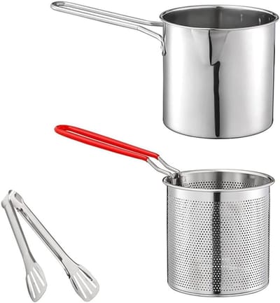 Diepe Koekenpan - Frituurpan - Lekker Koken - Roestvrij Staal - 12x12x14 cm - Zilver Rood