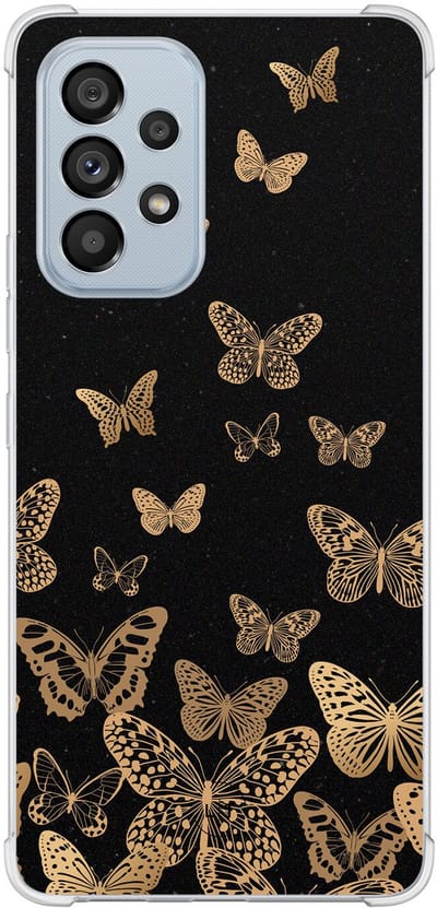 Shockproof hoesje - Geschikt voor Samsung Galaxy A53 - Vlinders - Extra sterke case - TPU/polycarbonaat - Print / Illustratie - Zwart, Goud, Transparant