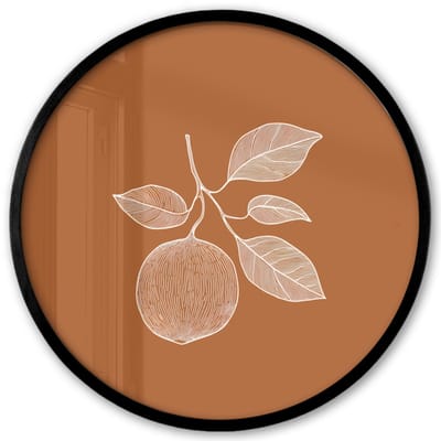 Poster in lijst Rond - Fotolijst 40x40 cm - Posters - Sinaasappel - Getekend - Bladeren - Bruin - Ronde posterlijst zwart - Decoratie - Wanddecoratie woonkamer - Muurdecoratie slaapkamer