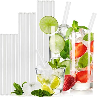Glazen rietjes, set van 12 stuks, 4/4/4 rietjes, glas, 15/20/23 cm lang + 2 borstels, herbruikbaar glas, milieuvriendelijk, herbruikbaar, BPA-vrij, smoothie cocktailrietjes
