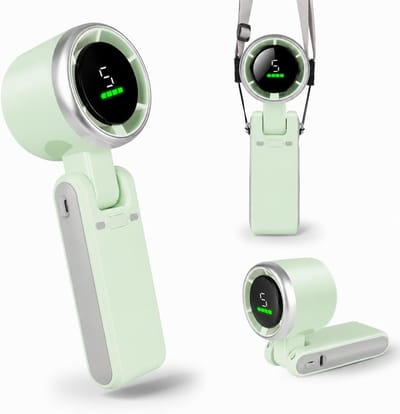 Draagbare handventilator met turbine - 5 windsnelheden - Oplaadbare miniventilator - Met led-display, 4000 mAh batterij - Werkt op batterijen - Opvouwbaar - Geschikt voor reizen, strand, kamperen en kantoor (groen)