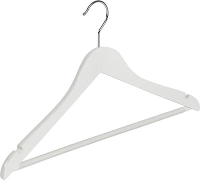 De Kledinghanger Gigant - Kledinghanger - Volwassenen - 7131BA - 50 Stuks - Blousehanger - Shirthanger - Lotushout - Wit Gelakt - Geknikt Model - Rokinkepingen en Anti-slip Broeklat - 44 cm - Kleerhanger (7131BA_01/50)