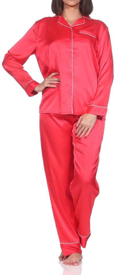 Normann satijnen damespyjama pyjama met lange mouwen, knoopsluiting en borstzakje