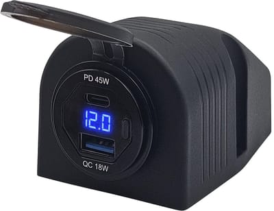 ProRide 12V USB/USB C Autolader 2 Poorten Opbouw met Schakelaar en Wattagemeter - 45W - QC3.0 - Complete set - Blauw