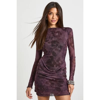 boohoo Dames Mini-jurk met floral mesh en draperende taille-details | Plum | Maat: 8