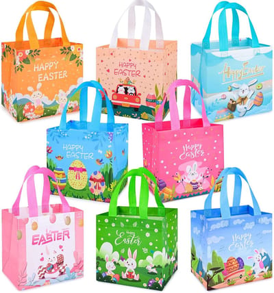 Gsedaox- Paasmandje - Paasmandjes voor kinderen - Herbruikbaar met handvatten / Paasmotieven - 8 stuks - Blauw, Roze, Groen