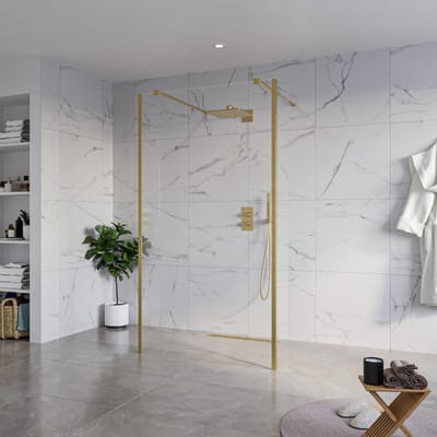 FugaFlow Eccelente Vetro Vrijstaande inloopdouche badkamer - 110x200cm - Helder - antikalk - 8mm veiligheidsglas - 2 zijwanden 30cm - met wandarmen en hoekprofielen - Messing geborsteld (goud) -