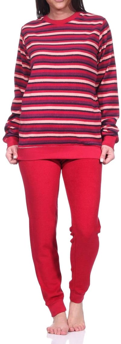 Dames badstof pyjama lang, pyjama met boorden in een geweldige gestreepte look