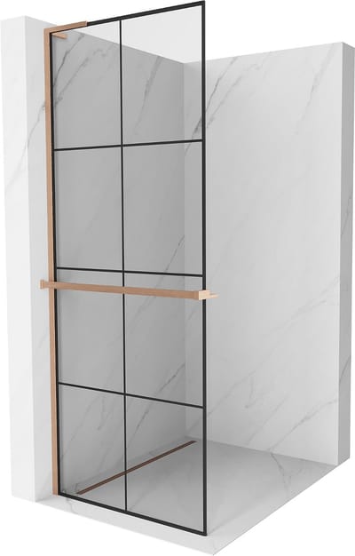 Mexen Kioto+ L douchewand met plank Walk-in 70 x 200 , zwart raster, geborsteld koper - 800-070-123-65-77